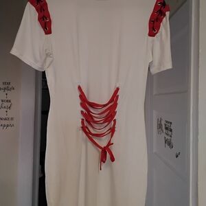 Rainbow White Dress with Red Lace-Up Design